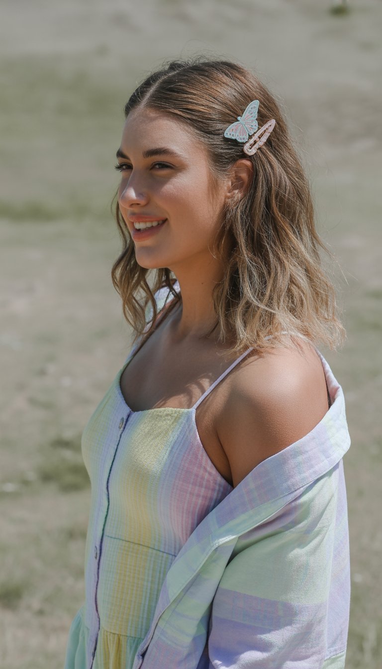 A young woman standing outdoors wearing a colorful outfit with butterfly hair clips in her wavy hair, smiling naturally.