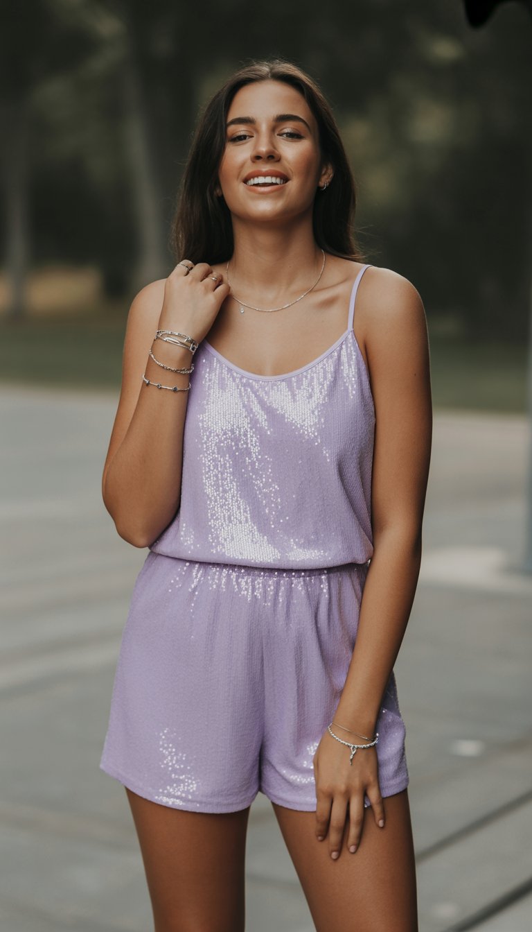 A young woman standing outdoors wearing a lavender sequin romper and silver jewelry, smiling naturally.