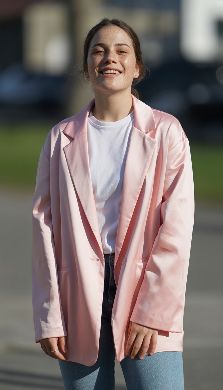 A young woman standing outdoors wearing a pastel pink oversized blazer and white tee, looking relaxed and natural.