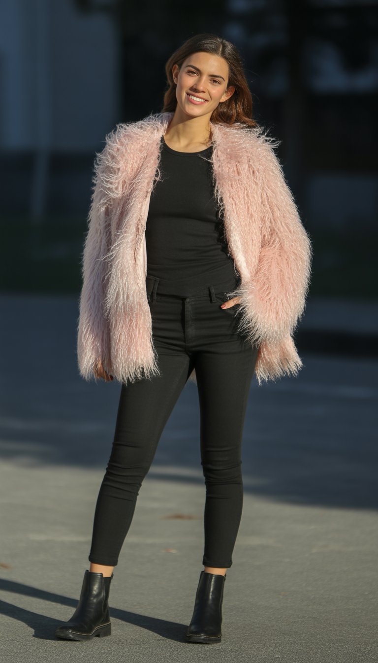 A young woman standing outdoors wearing a pastel pink faux fur coat over a black outfit, smiling gently with her feet visible.