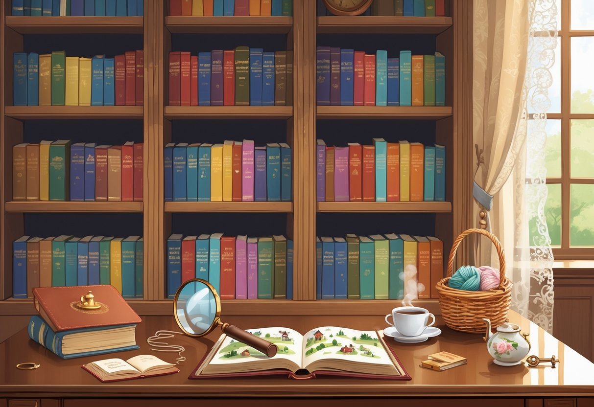 A cozy study room with a wooden desk holding a magnifying glass and tea, surrounded by objects symbolizing different cozy mystery subgenres like a village map, knitting basket, cat on a book, teapot with pastries, and antique key with letters.