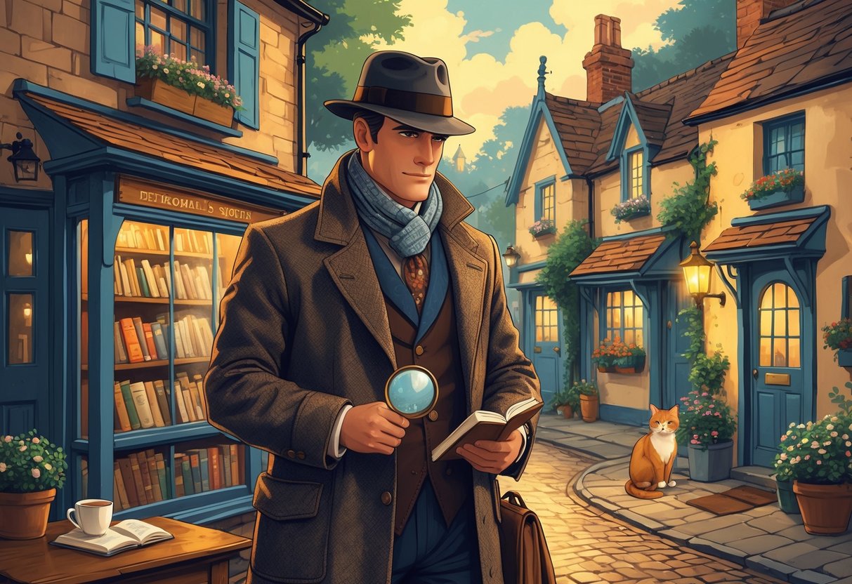 A detective in vintage clothing examines clues with a magnifying glass in a cozy village setting with cottages, a bookstore, and a cat nearby.