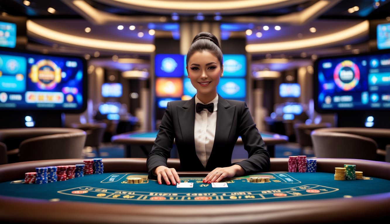 Seorang dealer wanita profesional duduk di meja kasino dengan kartu dan chip, di latar belakang terdapat layar digital yang menampilkan permainan kasino secara langsung.