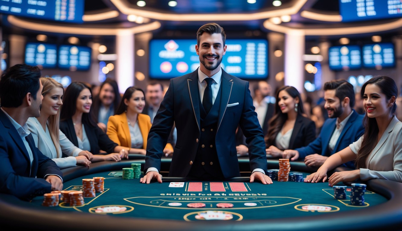 Seorang dealer profesional berdiri di belakang meja kasino dengan pemain yang fokus bermain di sekitarnya di sebuah kasino modern yang mewah.