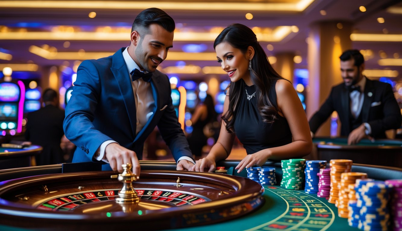 Seorang pria dan wanita berpakaian rapi sedang bermain di meja roulette di kasino langsung yang ramai.