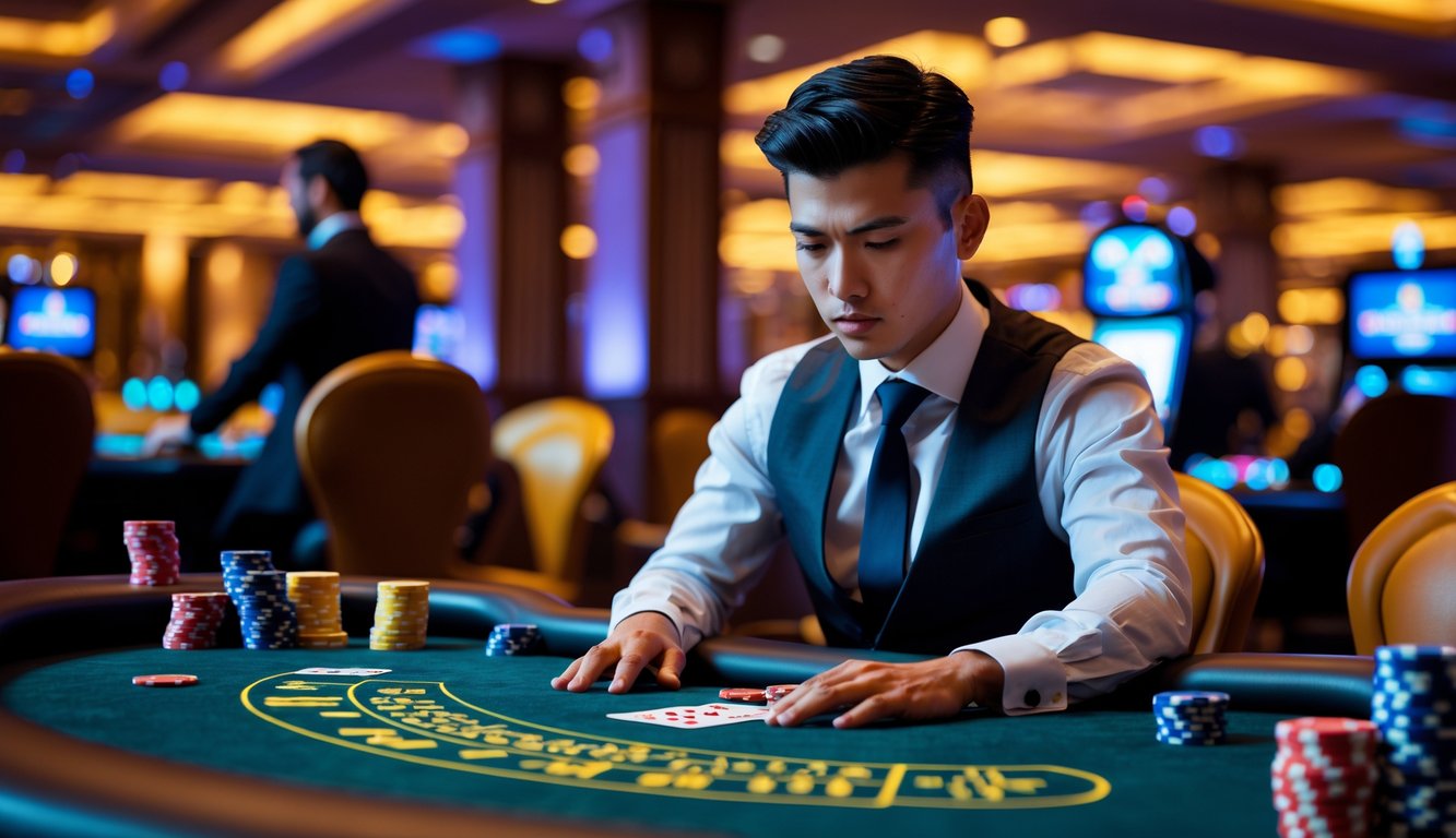 Seorang individu fokus bermain di meja kasino langsung dengan chip dan kartu di depan mereka, dikelilingi oleh suasana kasino yang hidup.