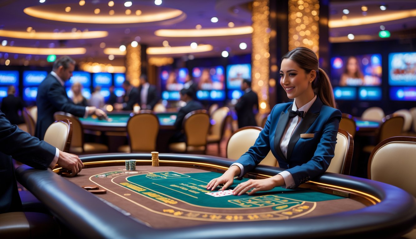 Suasana kasino langsung dengan meja blackjack klasik, pemain berpakaian rapi, dan dealer wanita yang sedang membagikan kartu.