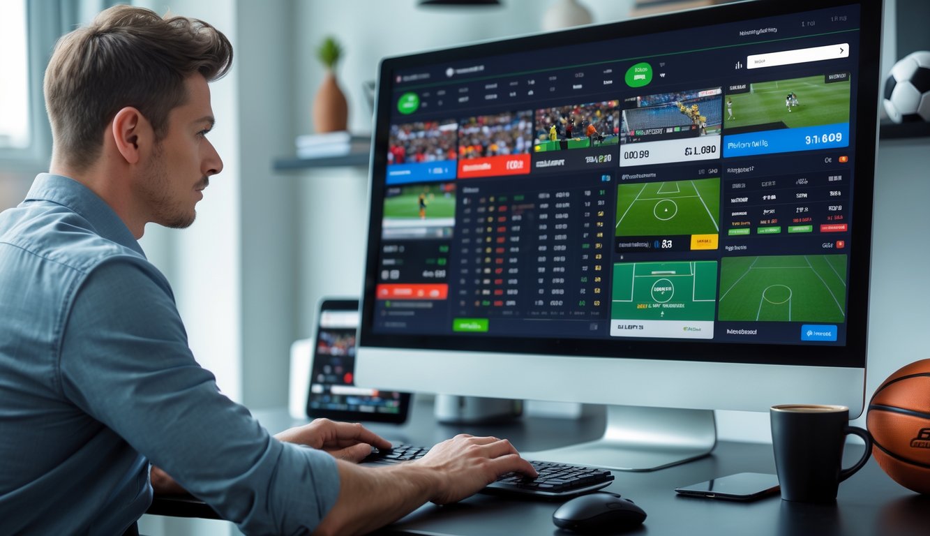 Seorang pria muda duduk di depan komputer dengan layar menampilkan berbagai pertandingan olahraga dan peluang taruhan secara langsung.