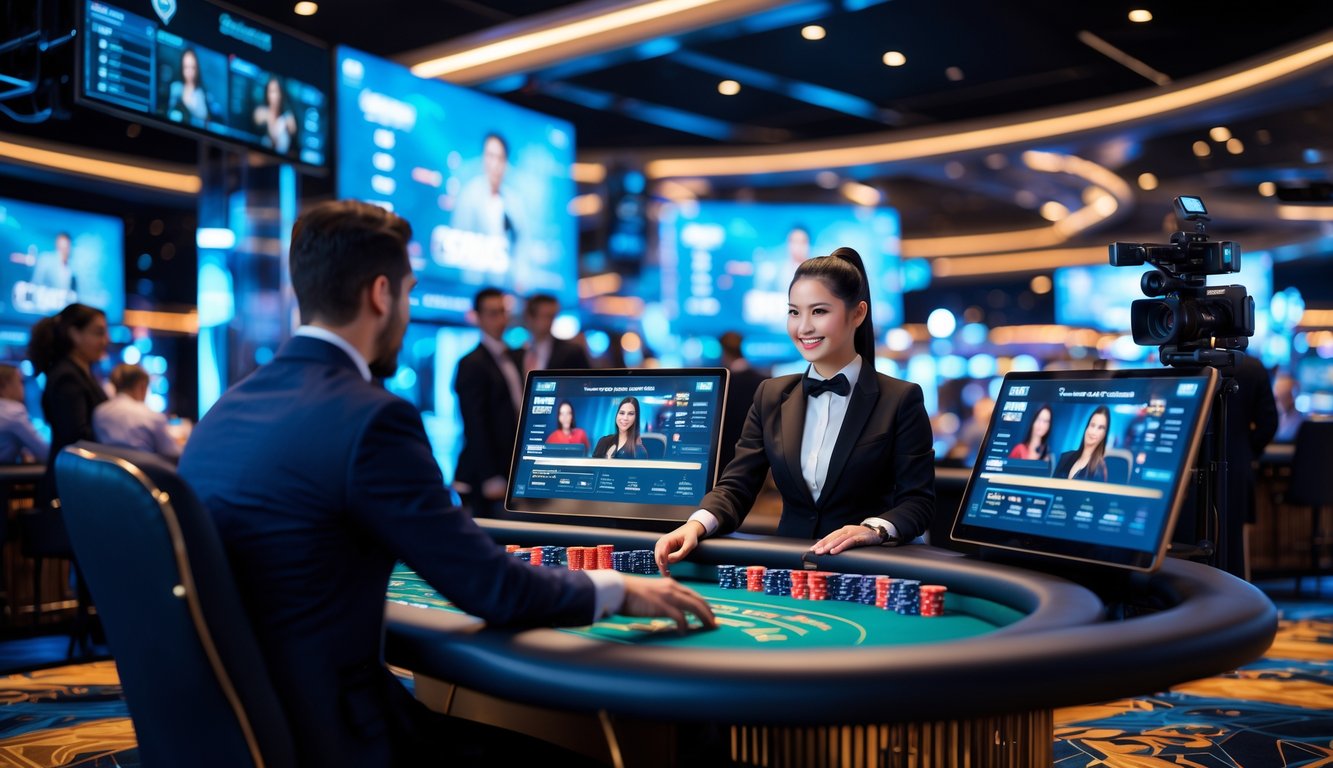 Suasana kasino langsung dengan dealer dan layar interaktif yang menampilkan hiburan dan teknologi streaming canggih.