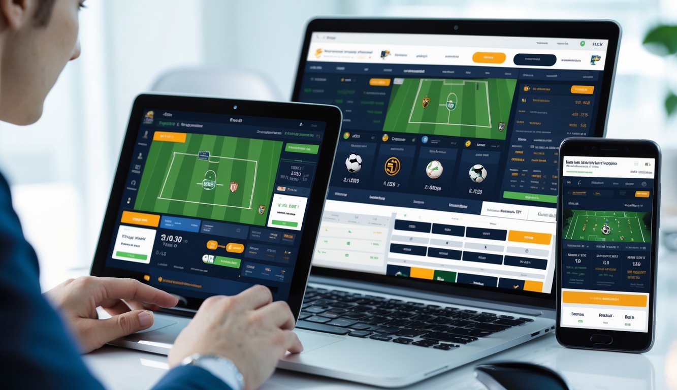 Seseorang menggunakan beberapa perangkat digital yang menampilkan pertandingan olahraga langsung dengan statistik lengkap di ruang kerja modern.