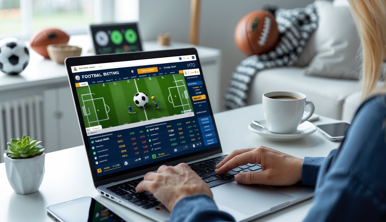 Seseorang menggunakan laptop di ruang tamu yang nyaman dengan tampilan situs taruhan sepak bola digital di layar.