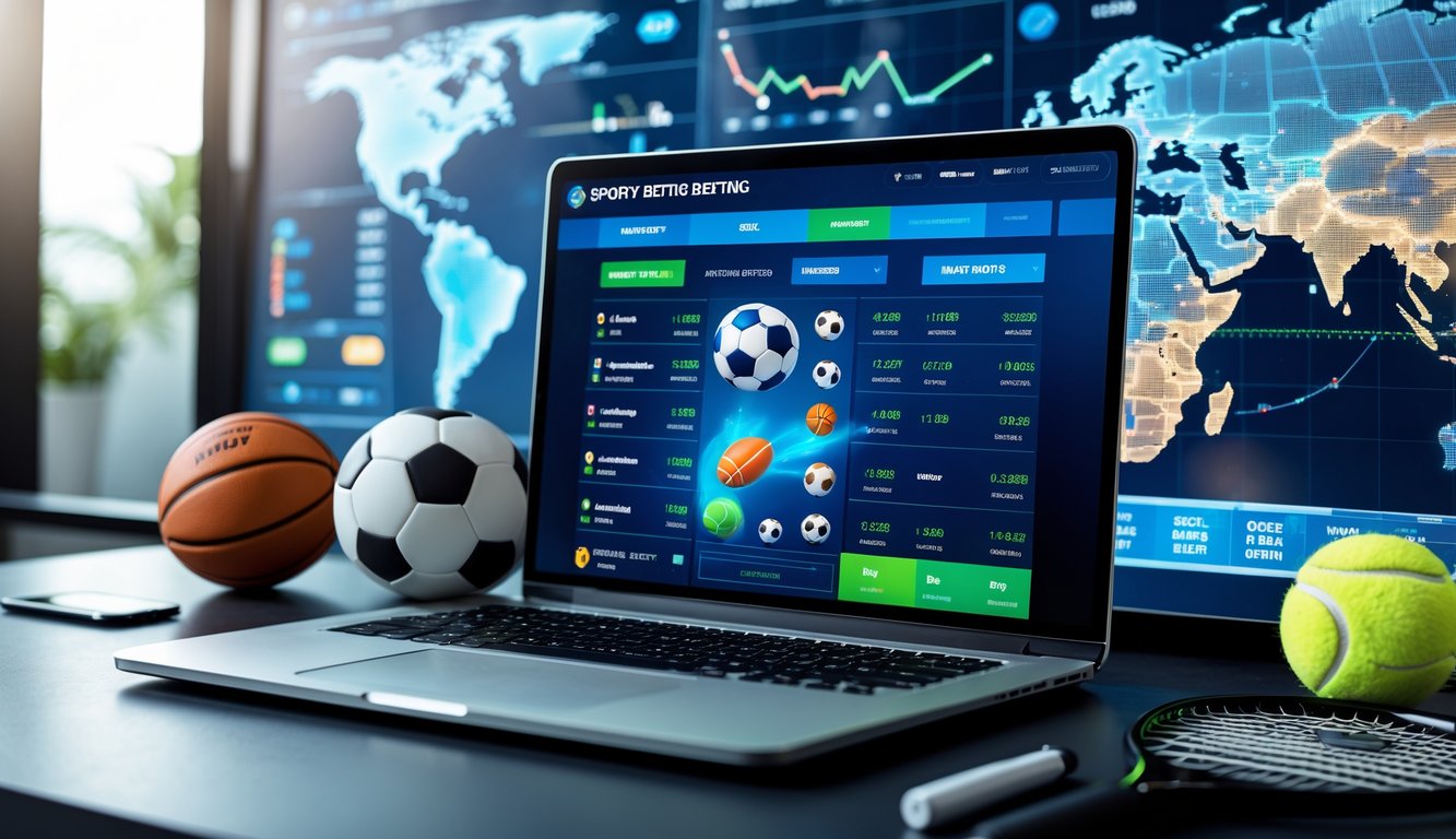 Seorang pengguna duduk di depan laptop yang menampilkan antarmuka situs taruhan olahraga dengan jadwal pertandingan dan pasaran taruhan, dikelilingi oleh bola dan peralatan olahraga di atas meja.