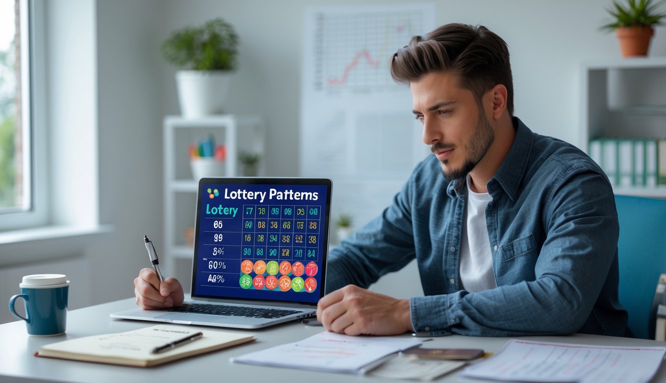 Seorang pria muda duduk di meja kerja dengan laptop, buku catatan, dan ponsel, fokus mempelajari pola dan strategi togel online.