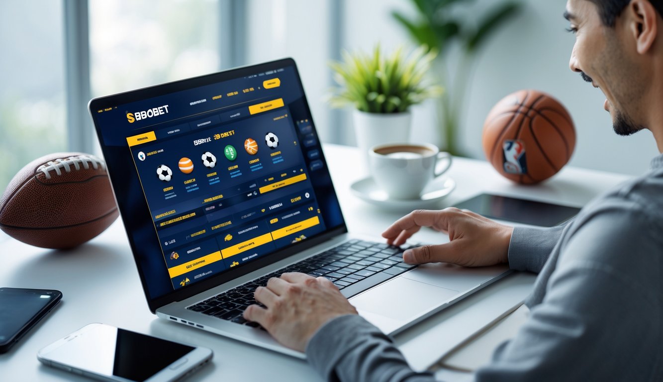 Seseorang menggunakan laptop di meja kerja dengan tampilan situs taruhan olahraga online, dikelilingi oleh barang-barang olahraga dan minuman kopi.