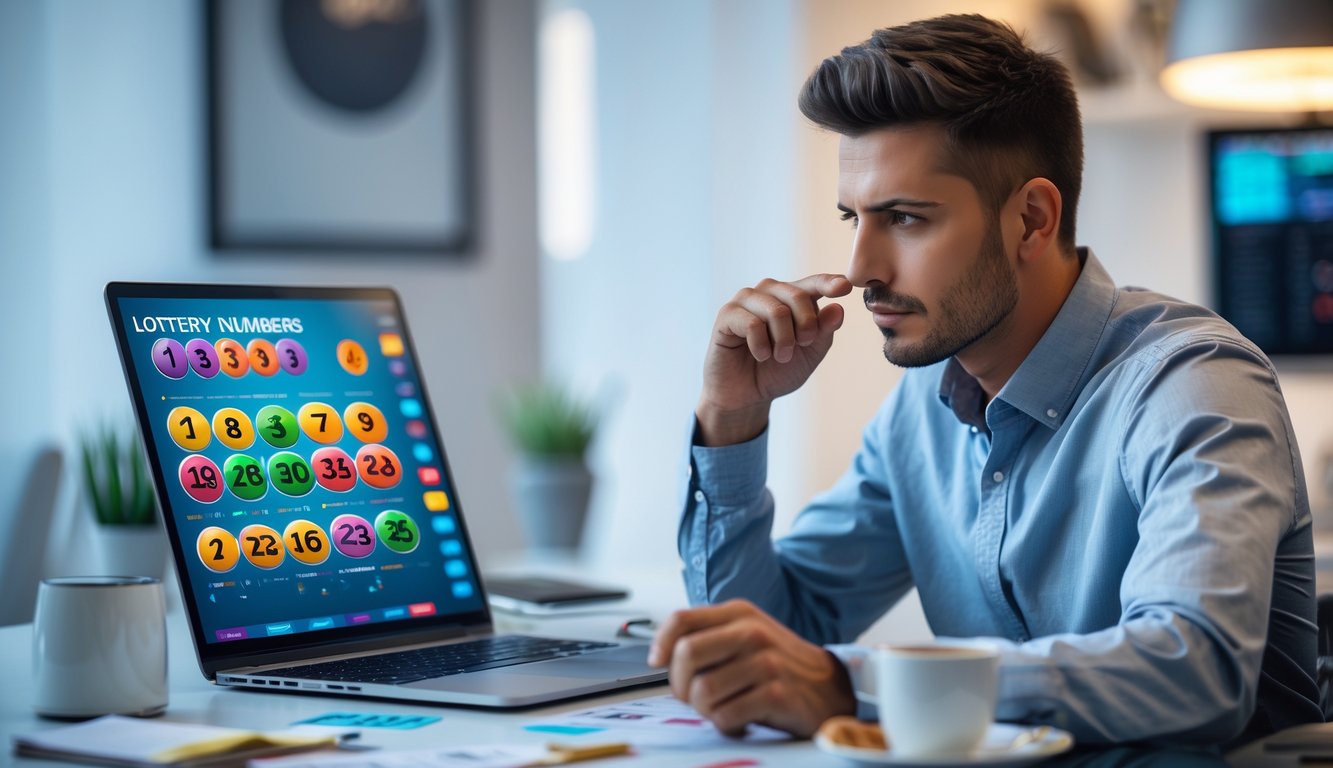 Seorang pria muda duduk di meja dengan laptop dan ponsel, fokus menganalisis angka-angka pada layar dalam ruangan kantor rumah modern.