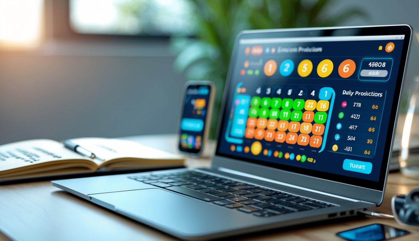 Seorang pria duduk di depan laptop dengan layar yang menampilkan angka-angka digital dan grafik prediksi, di meja terdapat buku catatan dan ponsel.