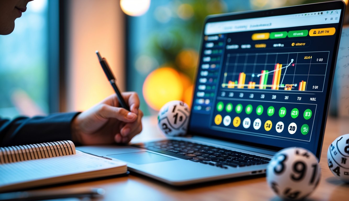Seorang pria duduk di meja kerja dengan laptop yang menampilkan antarmuka permainan togel online, dikelilingi bola togel bernomor dan catatan analisis.