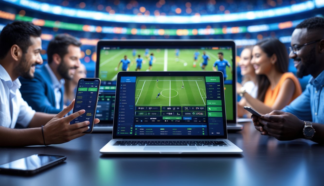 Orang-orang menggunakan perangkat digital untuk memasang taruhan olahraga online dengan latar belakang pertandingan sepak bola dan bola basket yang sedang berlangsung.