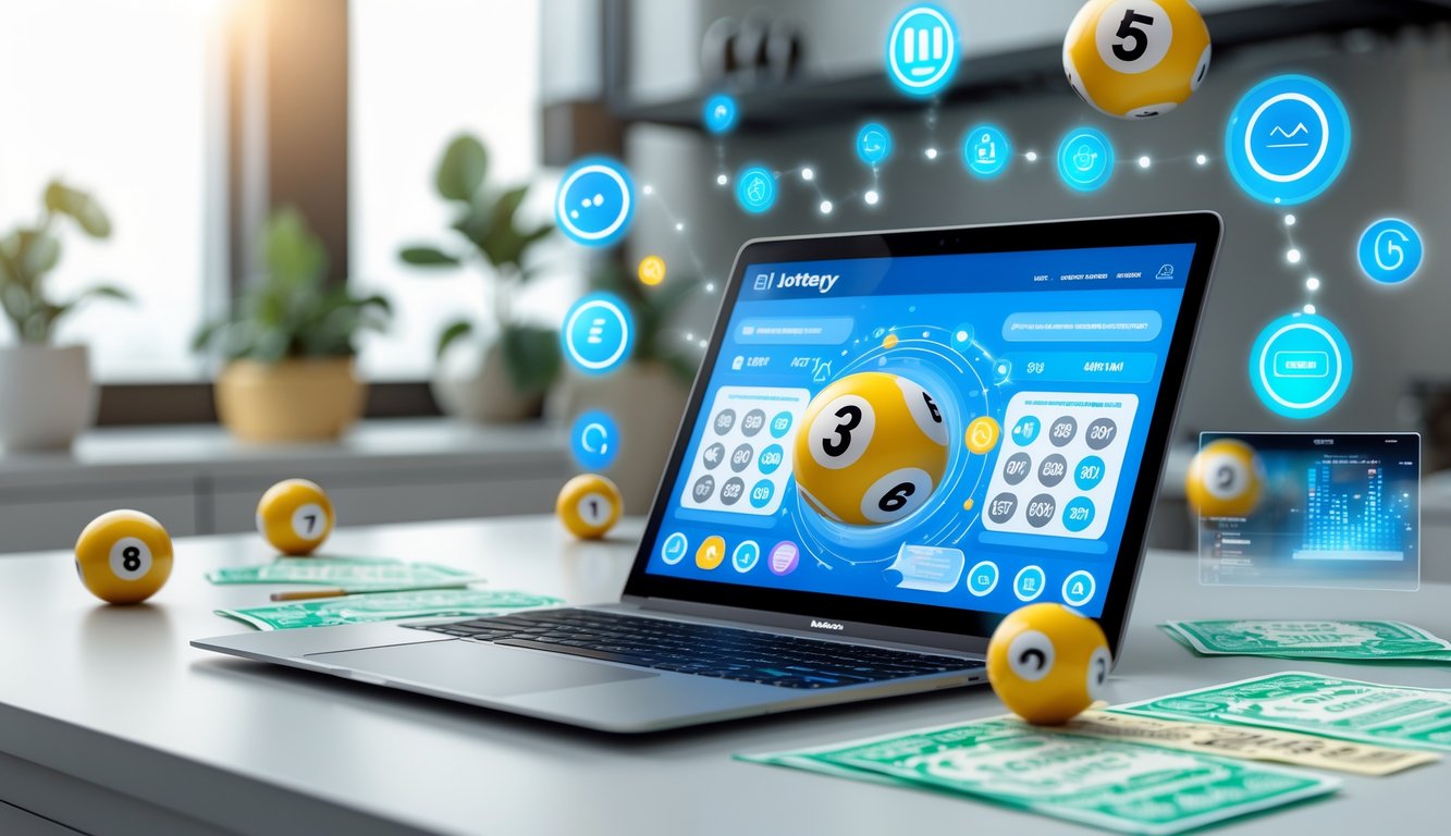 Meja kerja dengan laptop yang menampilkan antarmuka togel online, dikelilingi bola togel dan tiket kertas, serta perangkat digital seperti ponsel.