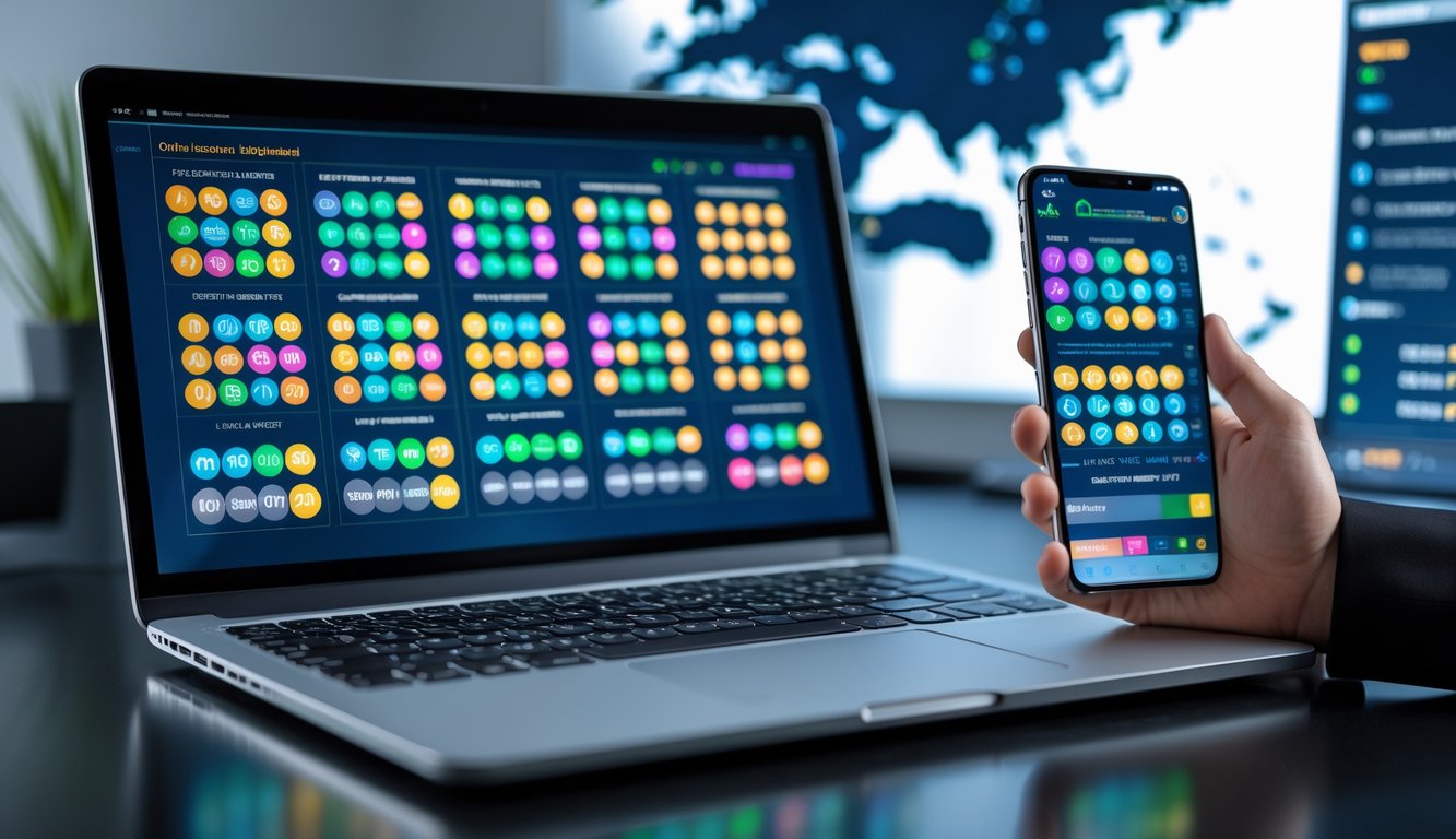 Meja kerja modern dengan laptop dan ponsel yang menampilkan angka lotere dan grafik hasil secara real-time.