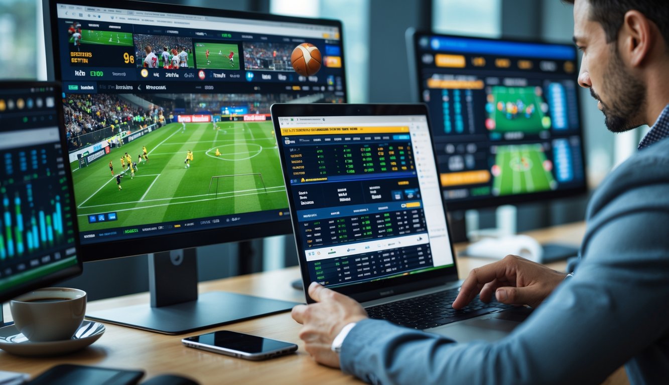 Seorang pria di meja kerja dengan beberapa layar komputer menampilkan pertandingan olahraga dan peluang taruhan secara real-time.