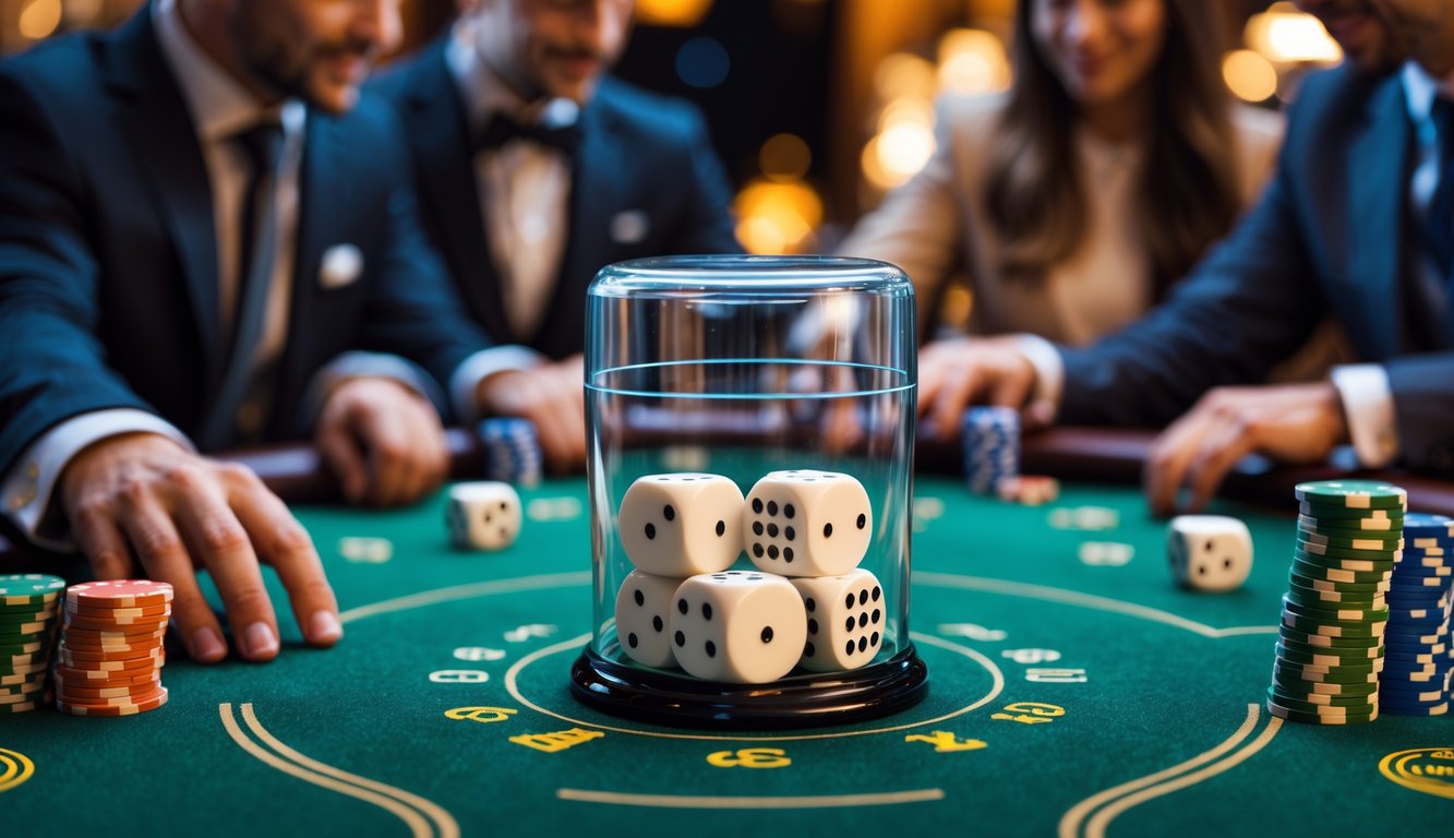 Meja judi Sicbo dengan gelas pengocok dadu berisi tiga dadu putih dan pemain yang sedang memasang taruhan.