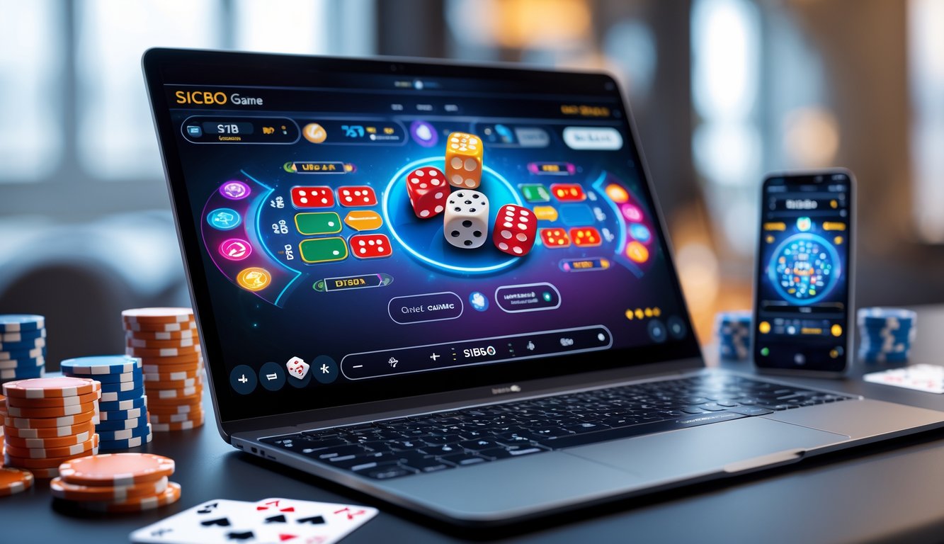 Sebuah meja dengan komputer menampilkan permainan dadu Sicbo online, dikelilingi oleh chip poker dan kartu remi.