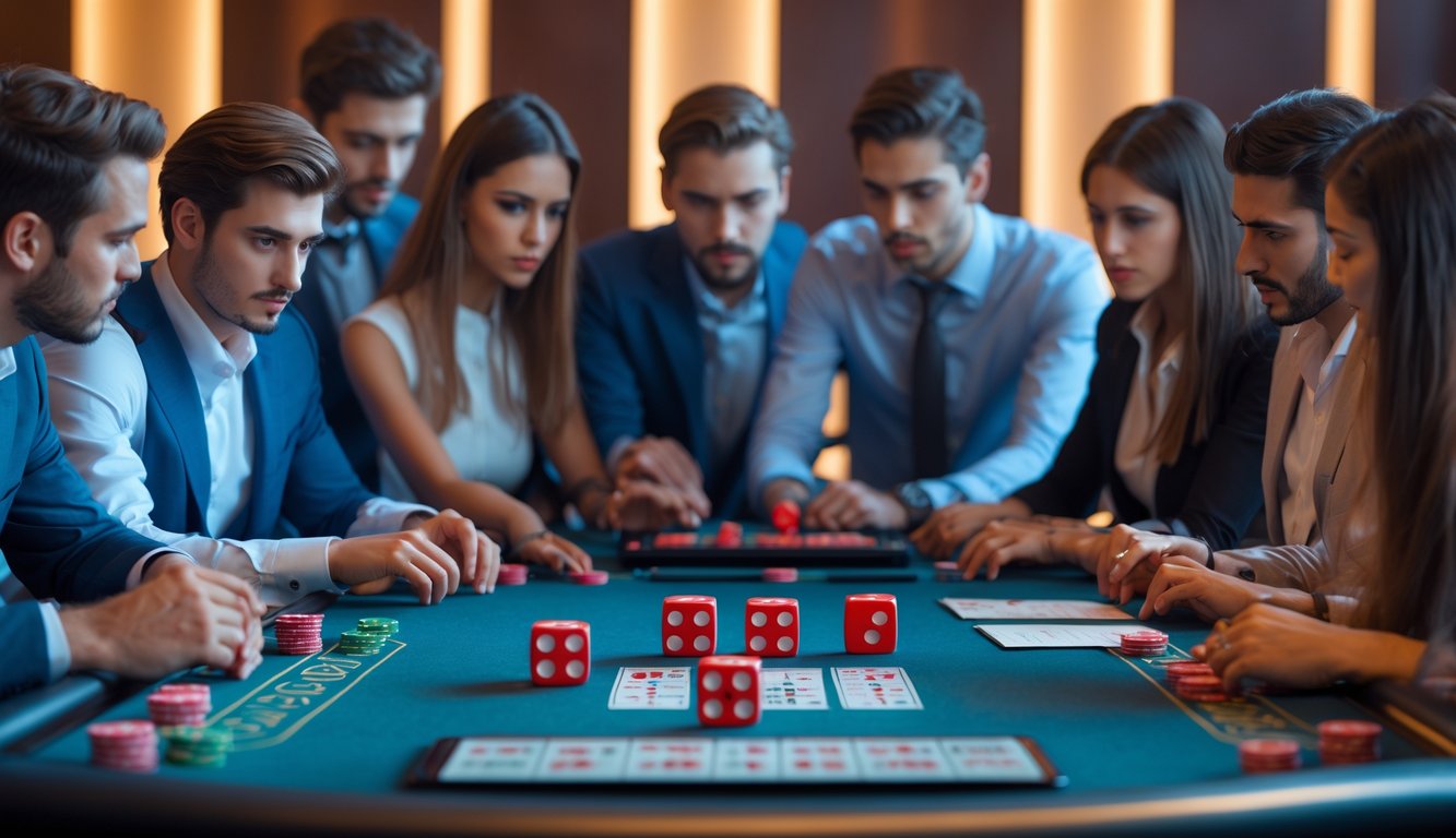 Sekelompok orang bermain permainan dadu Sicbo di meja kaca dengan dadu dan chip taruhan, terlihat fokus dan serius.