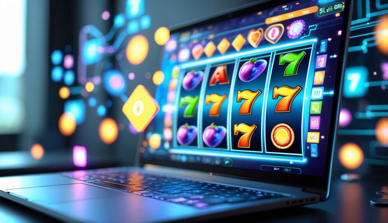 Layar komputer menampilkan permainan slot online dengan simbol warna-warni dan latar belakang digital yang modern.