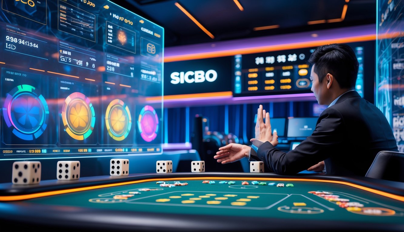 Seorang dealer di depan layar digital dengan grafik statistik dan elemen permainan Sicbo yang hidup di latar belakang.