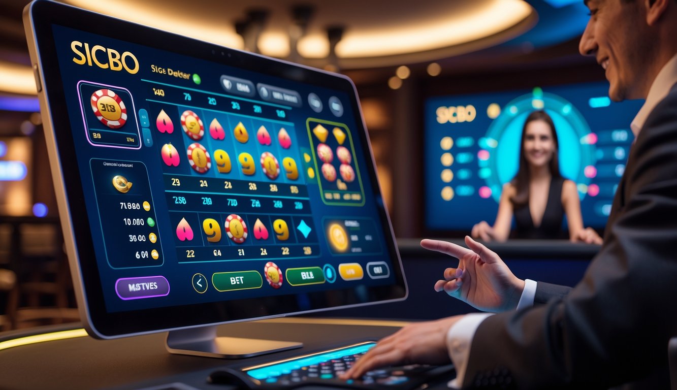 Seorang dealer langsung tersenyum di depan layar komputer yang menampilkan permainan Sicbo online dengan dadu dan opsi taruhan.