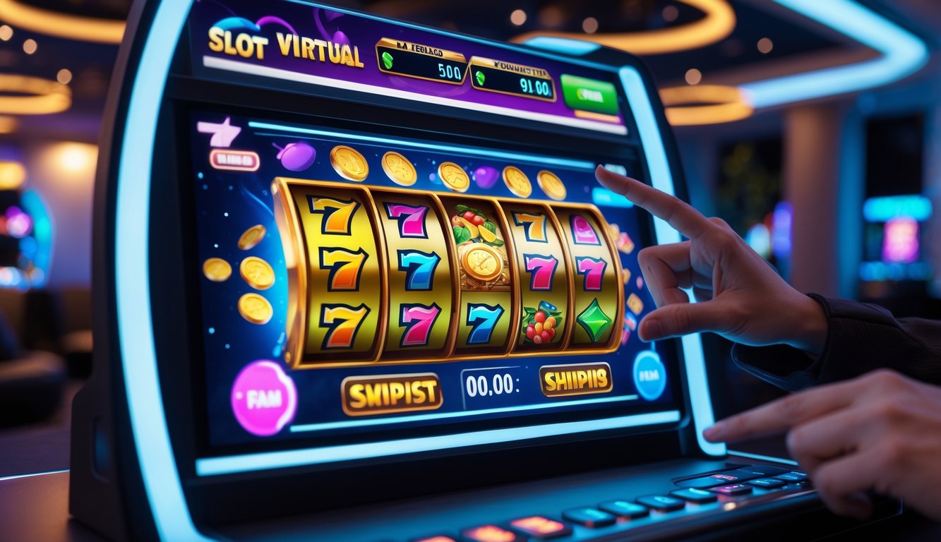 Tangan seseorang sedang bermain mesin slot virtual dengan tampilan warna-warni di layar digital dalam ruangan modern.