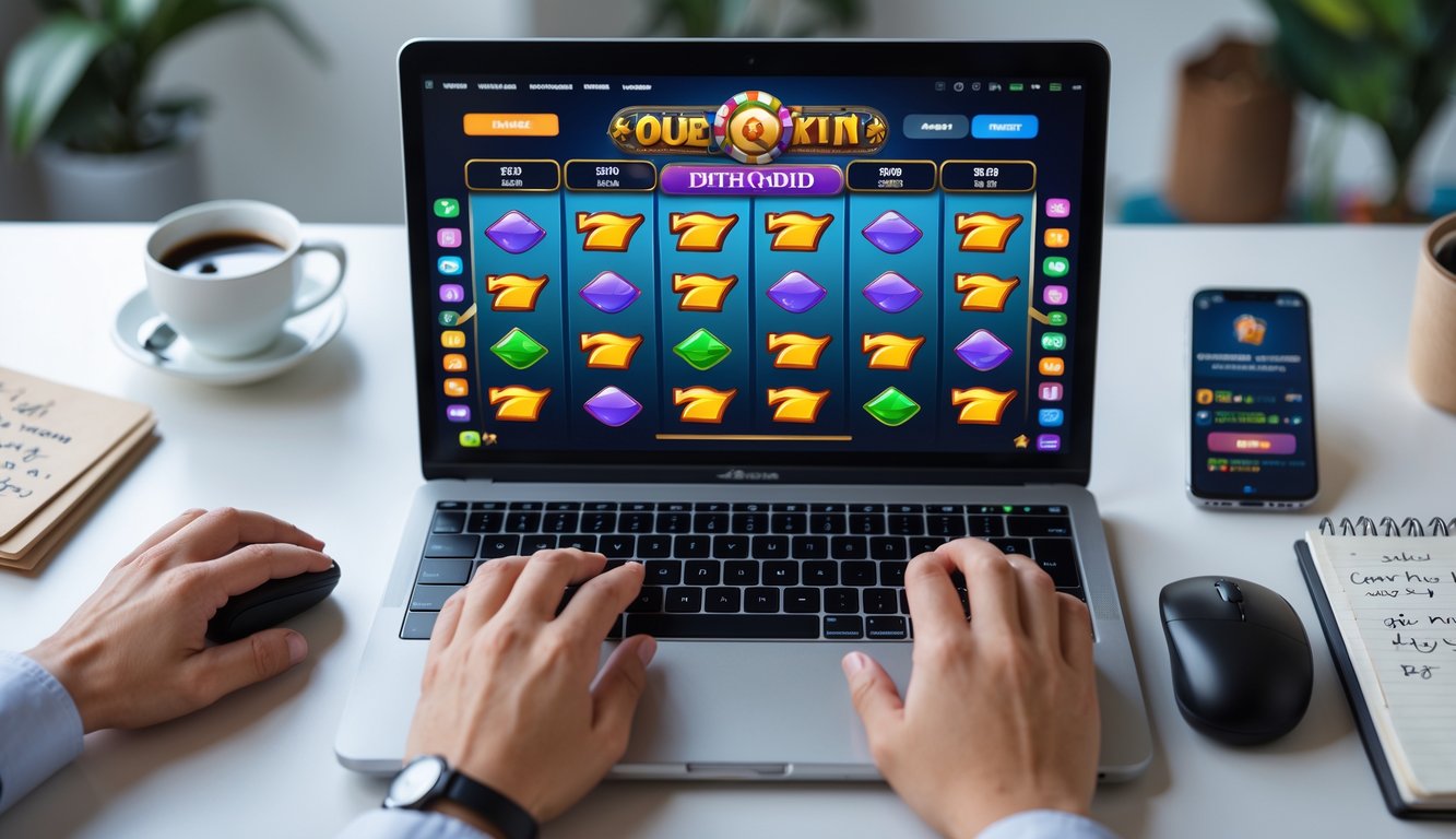 Seseorang sedang bermain game slot online di laptop di meja kerja yang rapi dengan ponsel dan secangkir kopi di sampingnya.