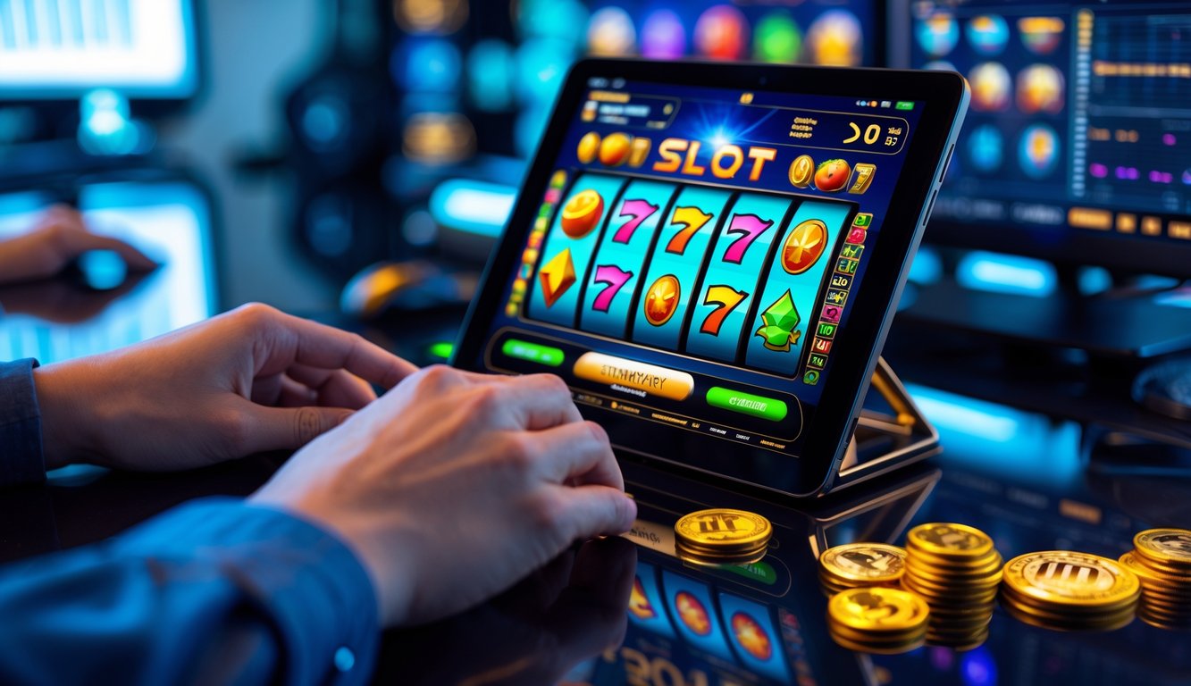 Tangan seseorang sedang menggunakan perangkat layar sentuh dengan tampilan mesin slot berwarna-warni di latar belakang ruangan dengan beberapa layar dan pencahayaan hangat.