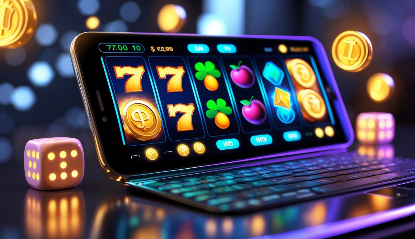 Layar perangkat menampilkan permainan slot online dengan gulungan berwarna-warni dan simbol keberuntungan seperti koin emas dan semanggi.