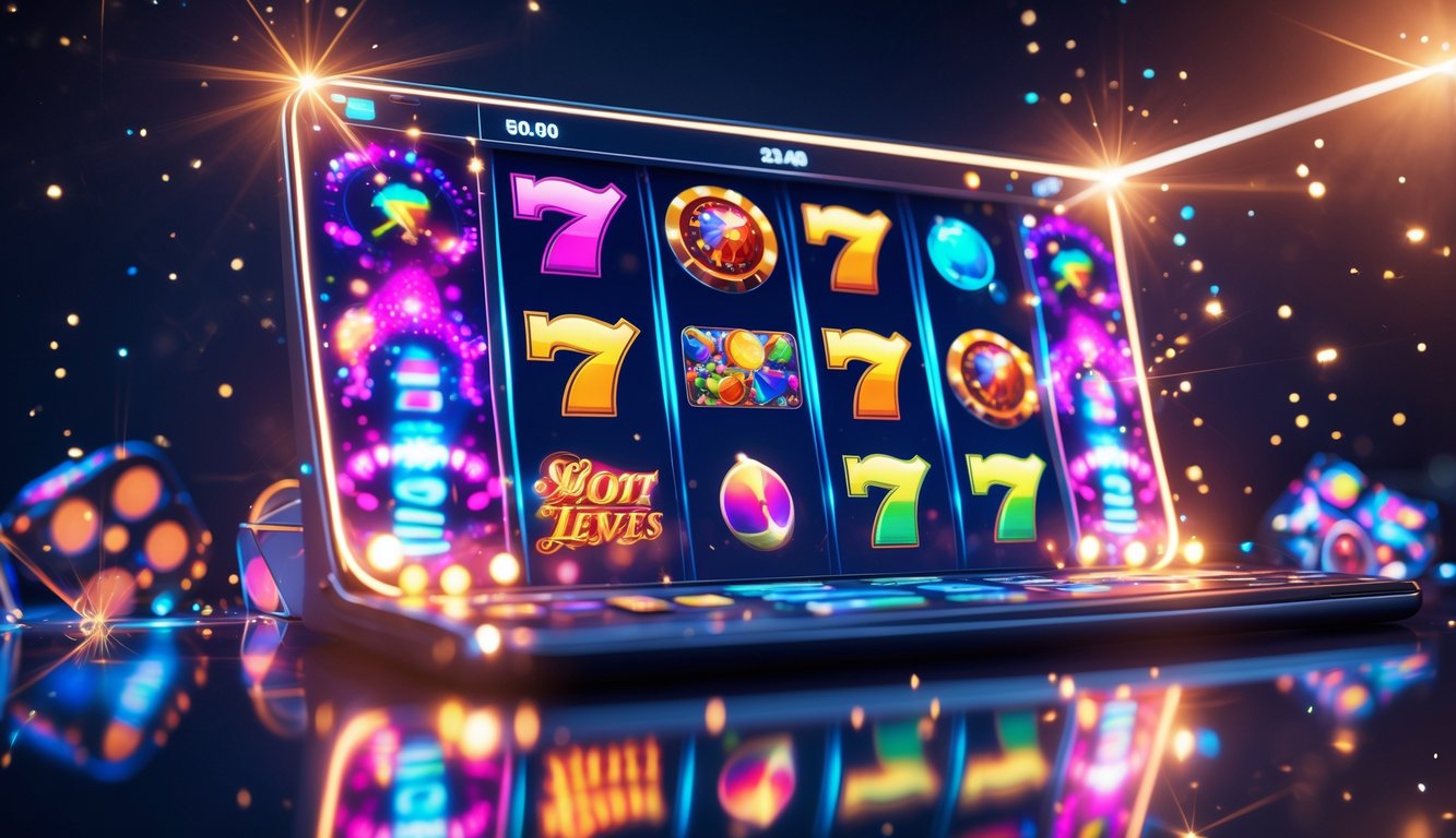 Tampilan antarmuka permainan slot online dengan efek visual berwarna-warni dan latar gelap yang menarik.