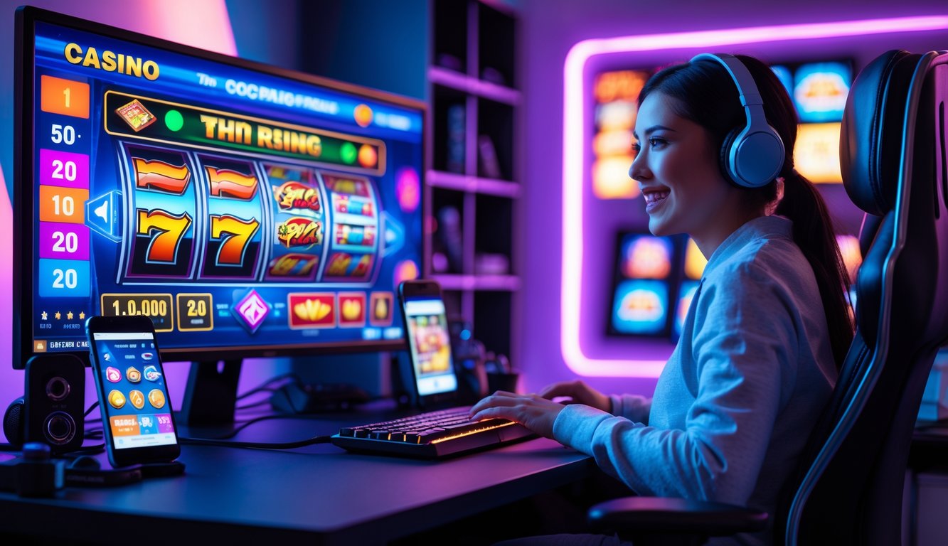 Seseorang sedang bermain slot online di depan komputer dengan suasana yang cerah dan dinamis.