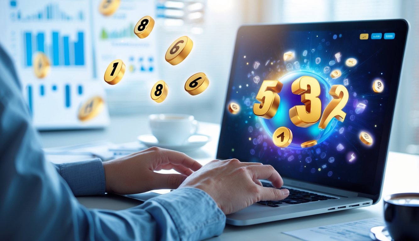 Seseorang menggunakan perangkat digital dengan angka mengambang di sekitarnya, menggambarkan permainan angka dan strategi.
