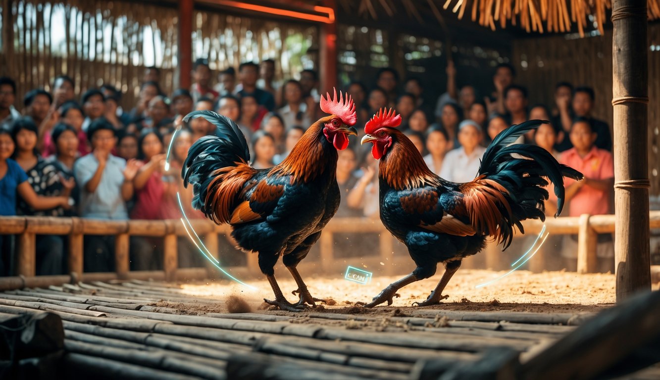 Dua ayam jago bertarung di arena kayu dengan penonton yang antusias di sekitarnya.