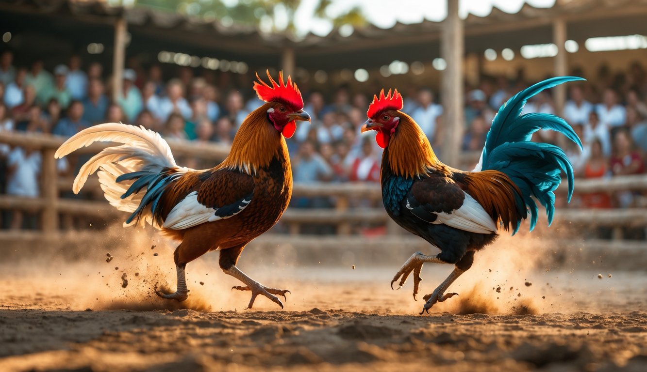Dua ayam jago sedang bertarung di arena terbuka dengan penonton yang antusias di latar belakang.