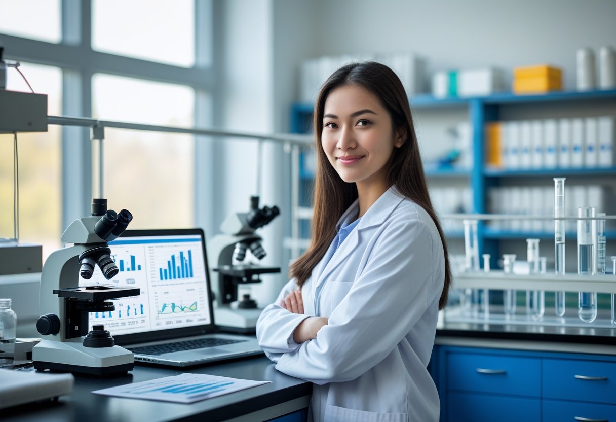 Jauna moteris laboratorijoje, stovinti prie darbo stalo su moksliniais įrankiais, rodanti pasitikėjimą savimi.