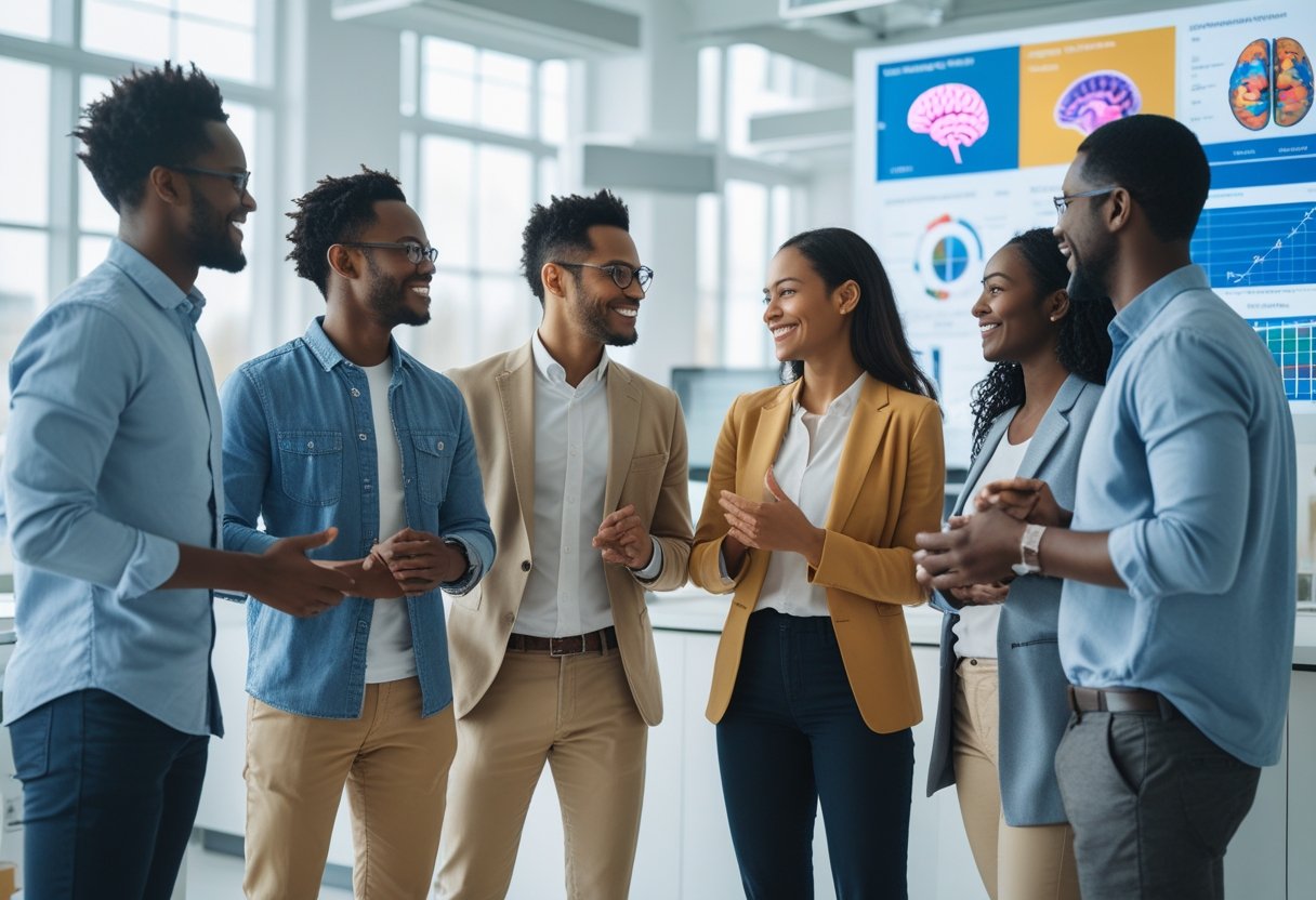 Žmonių grupė biure, besišypsantys ir bendraujantys prie mokslinių diagramų ir smegenų modelių.