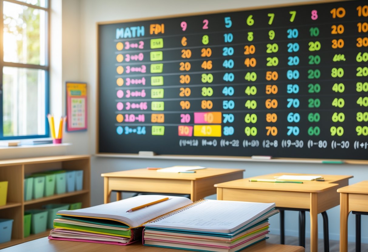 Učionica s velikom pločom na kojoj su prikazane tablice množenja i stolom s bilježnicama i priborom za pisanje.