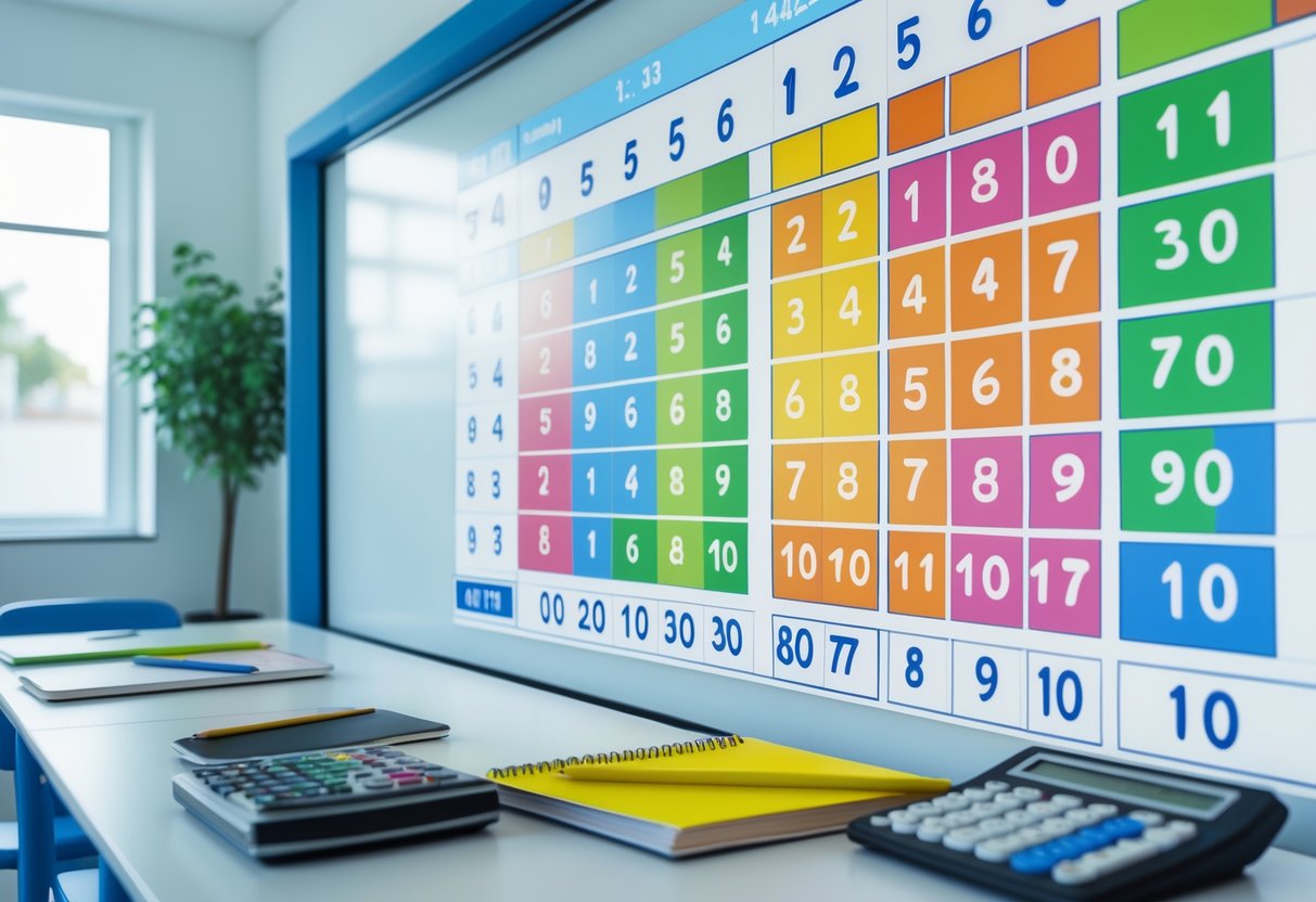 Tablica množenja prikazana na bijeloj ploči u učionici s priborom za učenje na stolu.