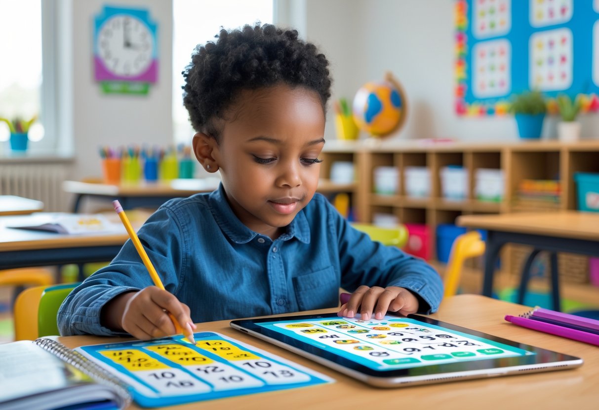 Dijete sjedi za stolom u učionici i uči tablicu množenja pomoću edukativnih materijala.