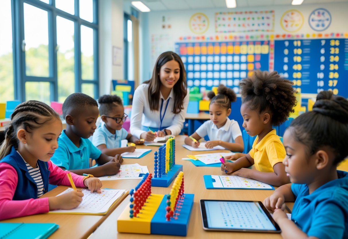 Djeca u učionici rade na zadacima množenja uz pomoć učiteljice i nastavnih pomagala.