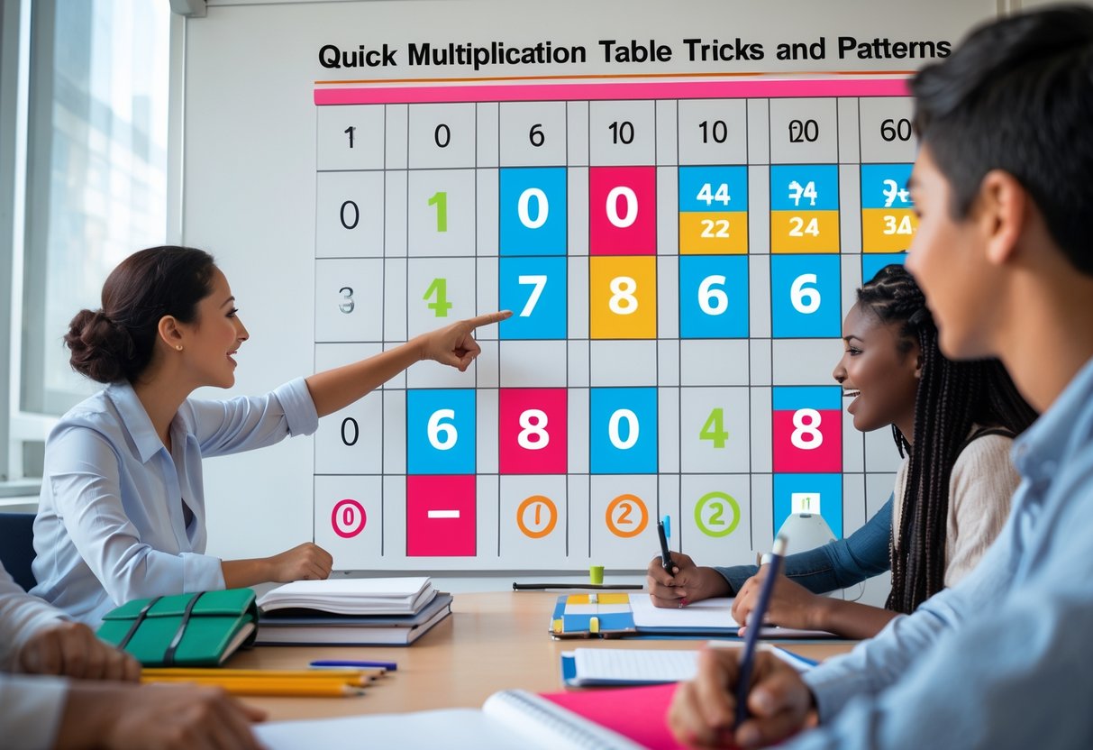 Učitelj pokazuje šarenu tablicu množenja na ploči dok učenici pažljivo prate u učionici.