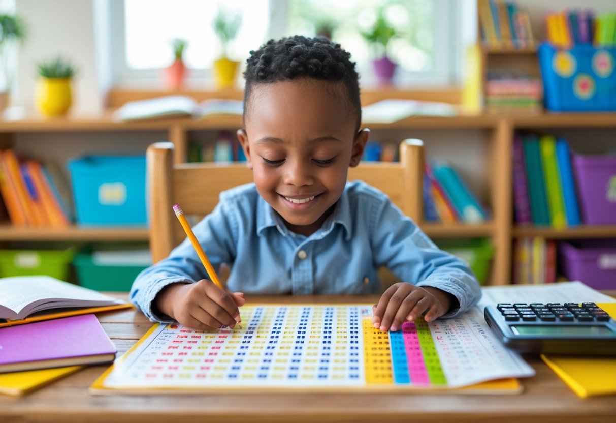 Dijete sjedi za stolom i uči tablicu množenja uz pomoć šarenog plakata i školskog pribora.
