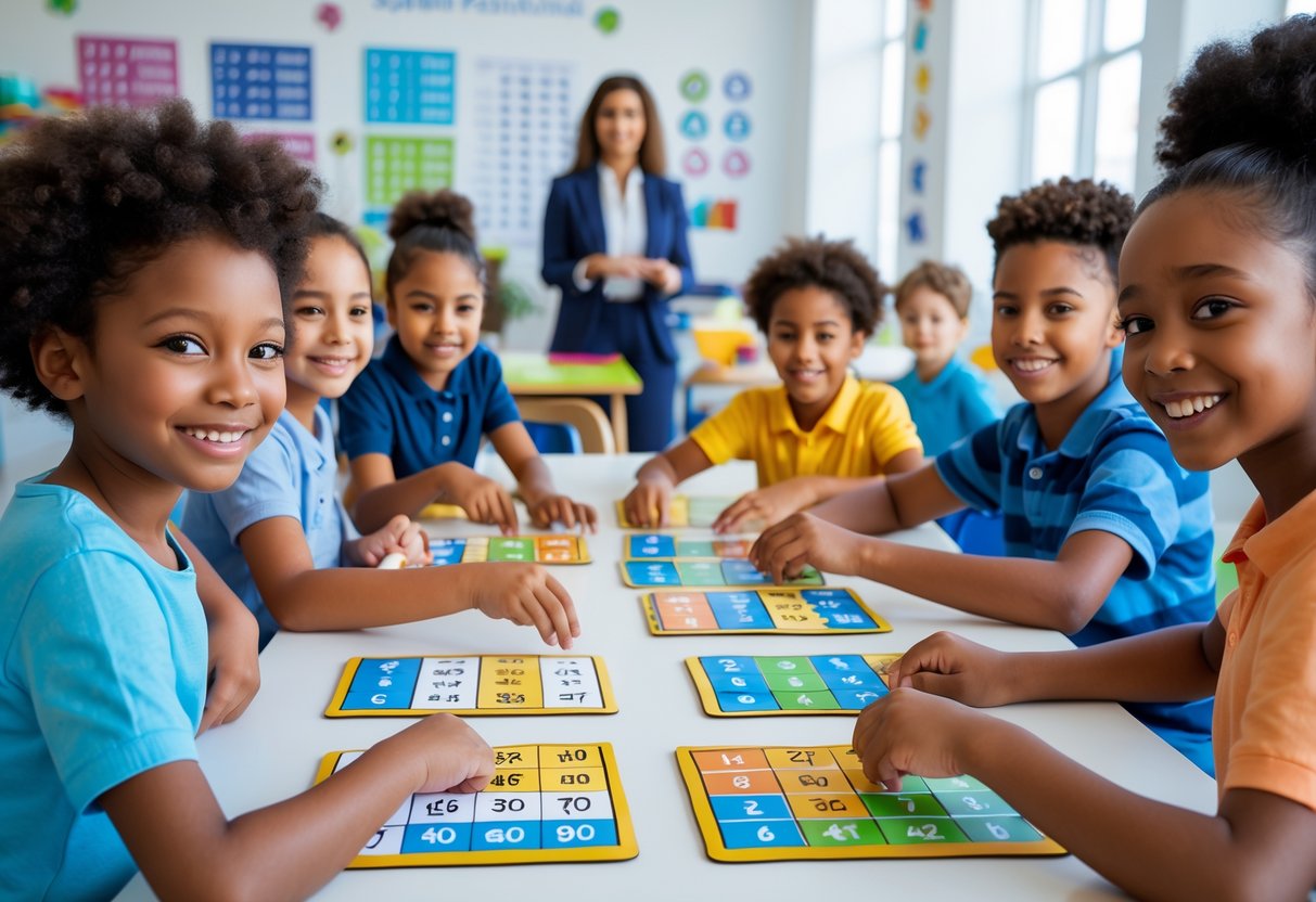 Djeca igraju edukativne igre za učenje tablice množenja u učionici pod nadzorom učitelja.