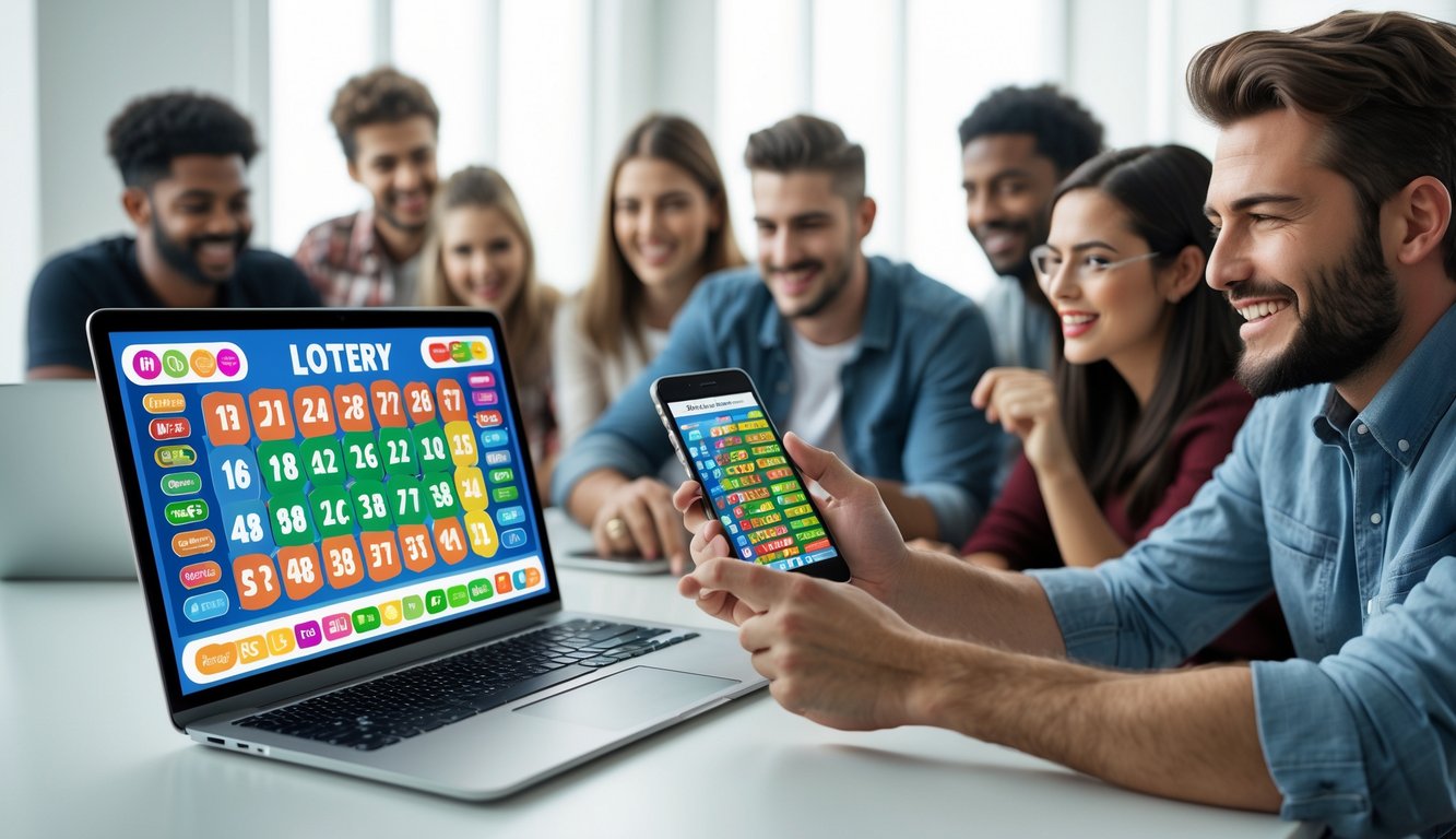 Beberapa orang muda menggunakan laptop dan ponsel untuk bermain permainan togel online di meja yang rapi dan terang.